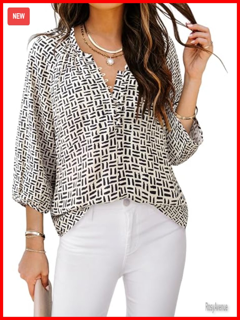 3/4 Sleeve V-Neck Blouse With Button Down - Flowy Boho Tunic Top